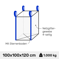 Big Bag f&uuml;r Holz bel&uuml;ftet 4- seitig Netz und Sterneneboden 100 x 100 x 120 cm 1200 Liter 1000 kg Traglast