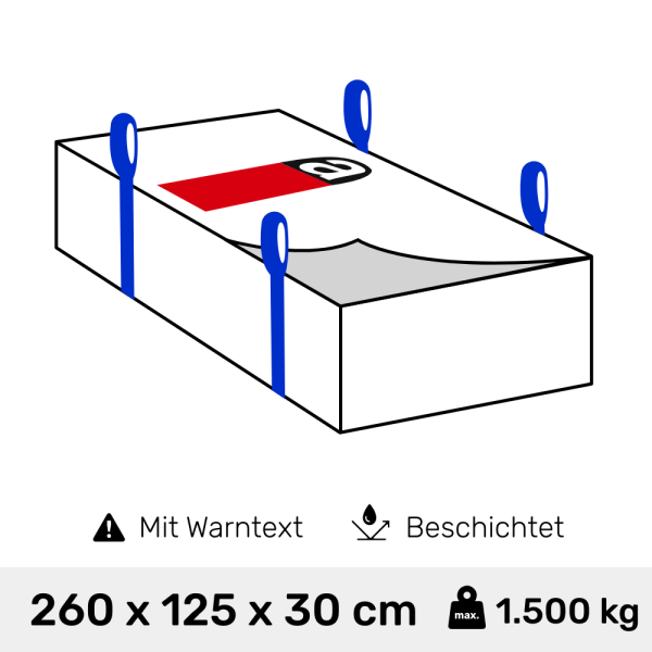 Plattensack für Asbestentsorgung Big Bag 260 x 125 x 30 cm Traglast 1000 kg Staubdicht Baustellenabfall Umweltgerechte Entsorgung