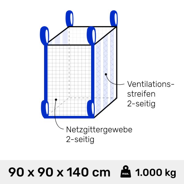 BIG BAG für Holz -90 x 90 x 140cm 2-seitig Vent., 2-seitig Netz